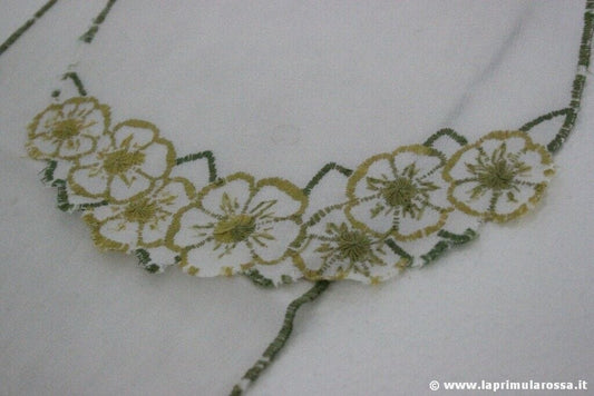 CENTRO A STRISCIA RETTANGOLARE D'EPOCA CON RICAMO FLOREALE VERDE L.cm 84 RUNNER Corredo Pizzi e Tessuti