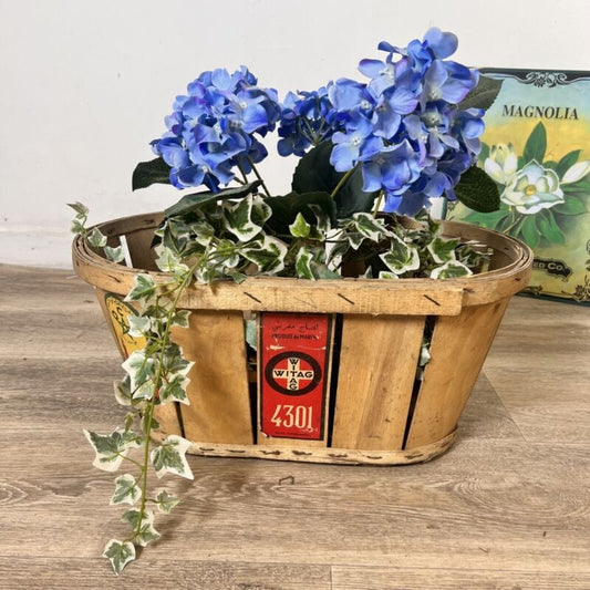 Cesta portalegna cestino in legno antico vintage porta fiori biancheria shabby b Vintage