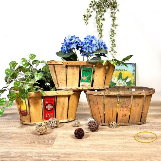 Cesta portalegna cestino in legno antico vintage porta fiori biancheria shabby Vintage