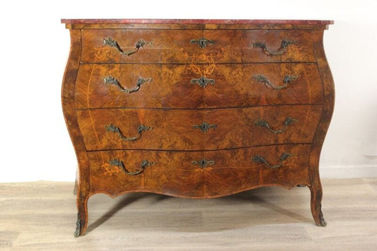 Comò cassettone antico in stile Luigi XV bombato intarsiato mobile in legno Arredamento