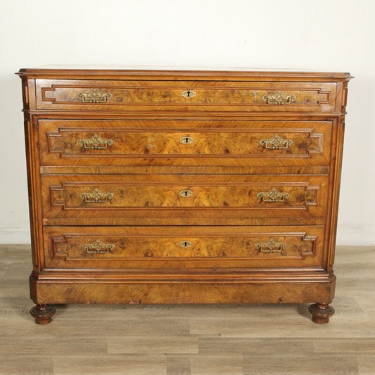 Comò cassettone antico mobile in legno cassettiera noce chiaro e radica fine 800 Arredamento