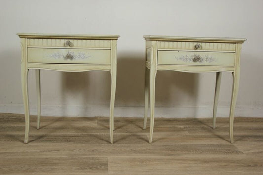 Comodino mobiletto bianco vintage in legno tavolino a con 2 cassetti shabby chic Arredamento