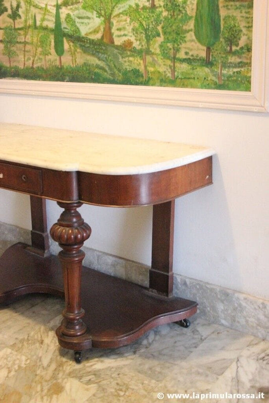 CONSOLE ANTICA IN MOGANO CON PIANO IN MARMO - LAVABO EPOCA 800 H cm 74 Arredamento