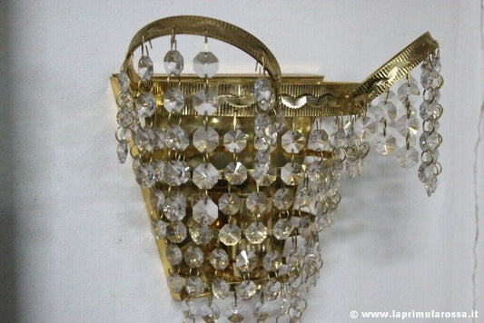 COPPIA APPLIQUE IN METALLO DORATO E CRISTALLI VINTAGE ITALIAN WALL SCONES Lampade Appliques