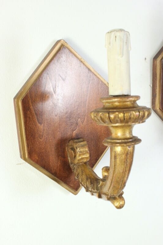 Coppia Applique vintage antichi in legno e oro lampada da parete luci candele Lampade Appliques