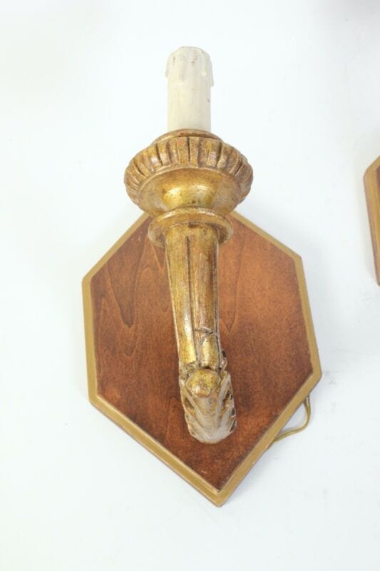 Coppia Applique vintage antichi in legno e oro lampada da parete luci candele Lampade Appliques