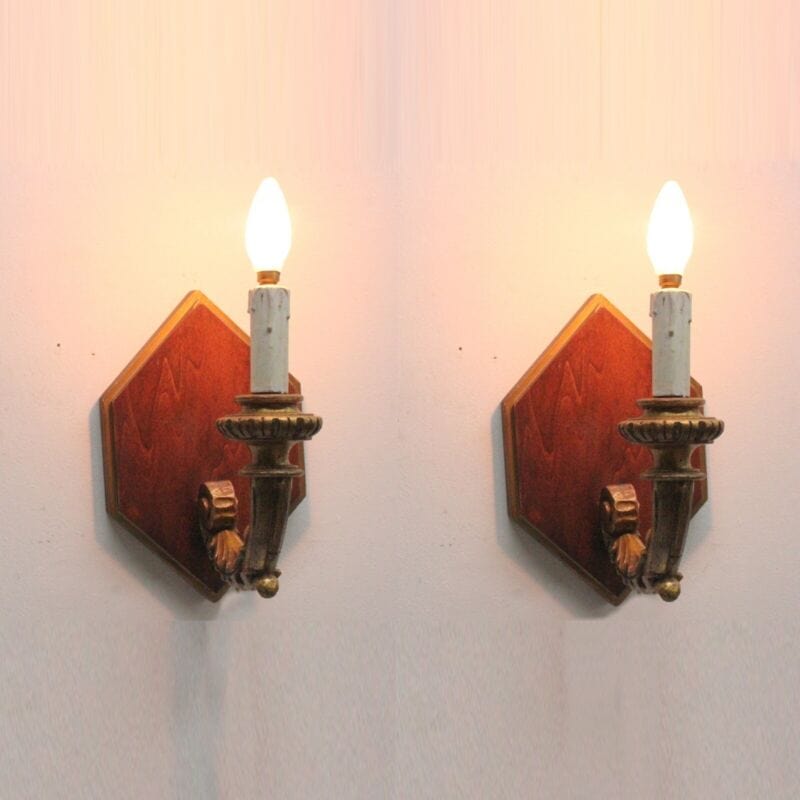 Coppia Applique vintage antichi in legno e oro lampada da parete luci candele Lampade Appliques