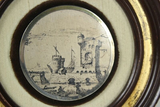 Coppia di quadri quadretti incisione su argento 800 in miniatura vintage rotondi Quadri