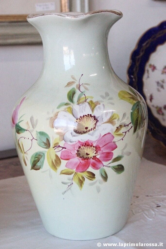 COPPIA DI VASI D'EPOCA IN CERAMICA H CM 25 VASO ANTICO CON DECORO A FIORI Ceramiche e Porcellane