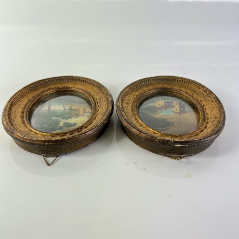 Coppia quadretti antichi miniature ovali dipinti paesaggio cornici legno dorato Quadri