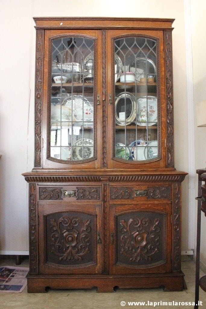 CREDENZA ANTICA IN LEGNO DI ROVERE VETRI PIOMBATI BOOKCASE INGLESE D'EPOCA Arredamento