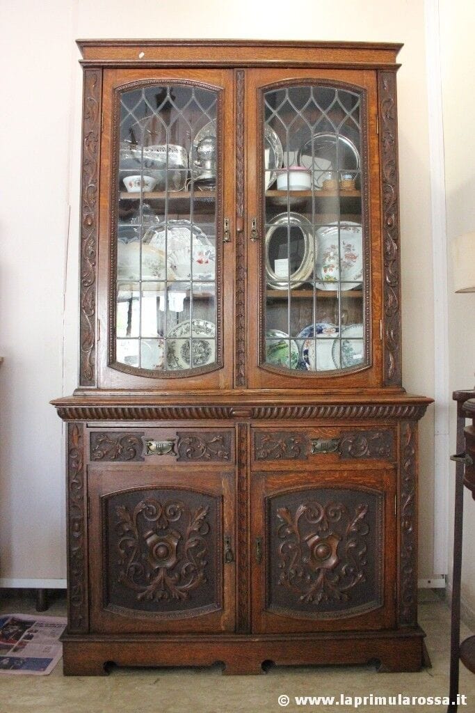 CREDENZA ANTICA  IN LEGNO DI ROVERE VETRI PIOMBATI  BOOKCASE INGLESE D'EPOCA Arredamento