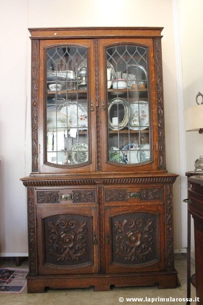 CREDENZA ANTICA IN LEGNO DI ROVERE VETRI PIOMBATI BOOKCASE INGLESE D'EPOCA Arredamento