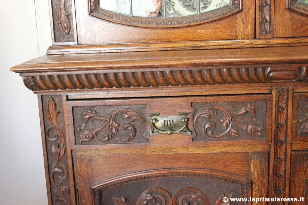 CREDENZA ANTICA IN LEGNO DI ROVERE VETRI PIOMBATI BOOKCASE INGLESE D'EPOCA Arredamento