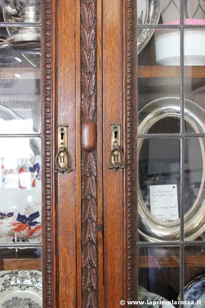 CREDENZA ANTICA IN LEGNO DI ROVERE VETRI PIOMBATI BOOKCASE INGLESE D'EPOCA Arredamento