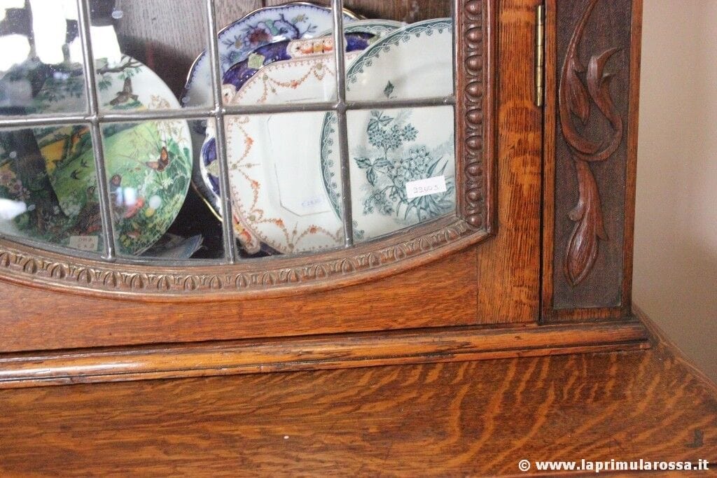 CREDENZA ANTICA IN LEGNO DI ROVERE VETRI PIOMBATI BOOKCASE INGLESE D'EPOCA Arredamento