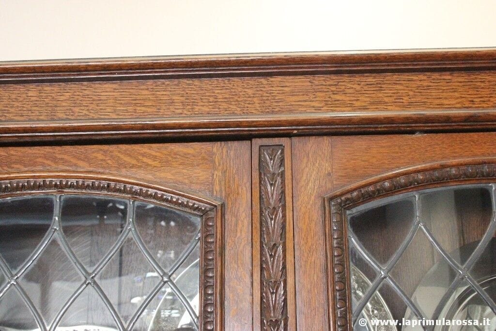 CREDENZA ANTICA IN LEGNO DI ROVERE VETRI PIOMBATI BOOKCASE INGLESE D'EPOCA Arredamento