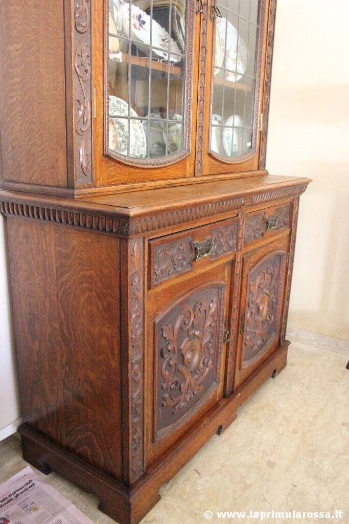 CREDENZA ANTICA IN LEGNO DI ROVERE VETRI PIOMBATI BOOKCASE INGLESE D'EPOCA Arredamento