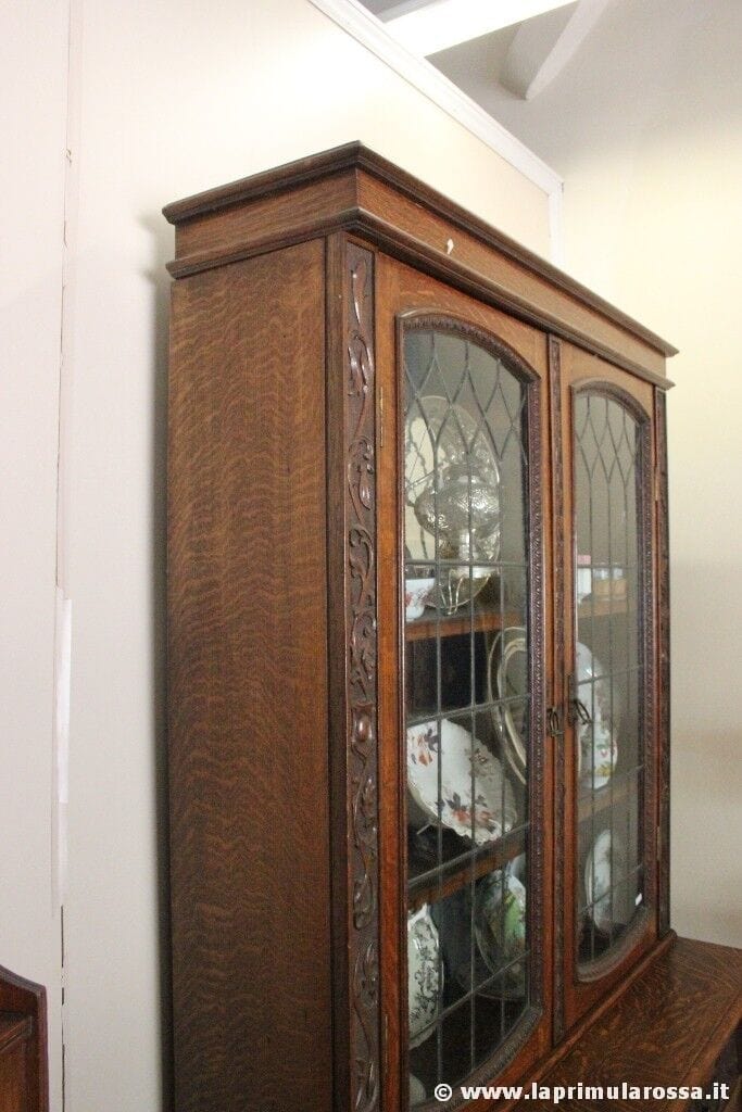 CREDENZA ANTICA IN LEGNO DI ROVERE VETRI PIOMBATI BOOKCASE INGLESE D'EPOCA Arredamento