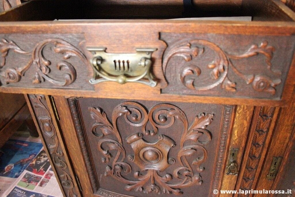 CREDENZA ANTICA IN LEGNO DI ROVERE VETRI PIOMBATI BOOKCASE INGLESE D'EPOCA Arredamento