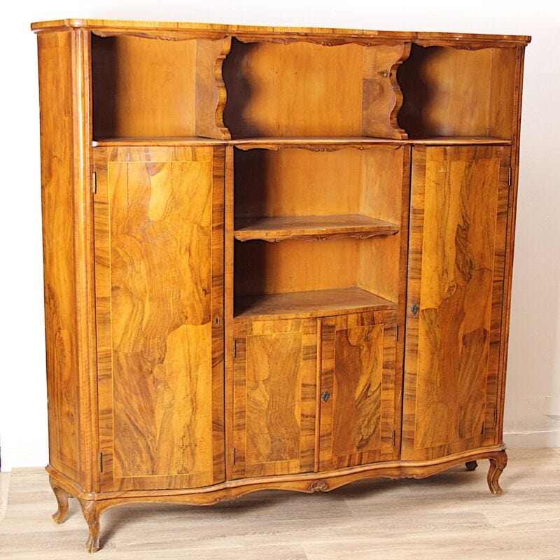 Credenza antica vintage mobile libreria anni 50 in legno radica chiara di noce Arredamento