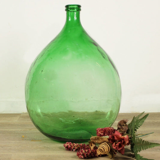 Damigiana in vetro da 54 litri antica vecchio boccione verde per vino villani . Vetri e Cristalli