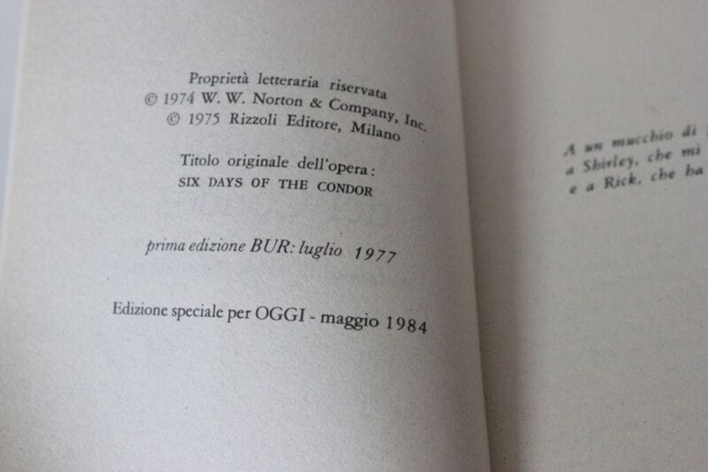 I SEI GIORNI DEL CONDOR- EDIZIONE SPECIALE PER LA RIVISTA OGGI ANNO 1984 Libri