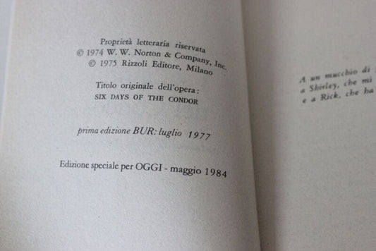 I SEI GIORNI DEL CONDOR- EDIZIONE SPECIALE PER LA RIVISTA OGGI ANNO 1984 Libri