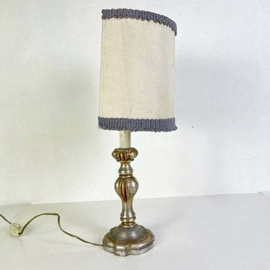 Lampada antica da tavolo vintage Abatjour argento Lume in legno con paralume Lampade Appliques