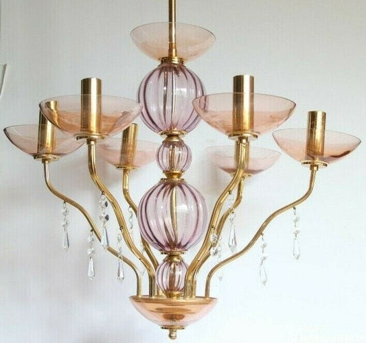 LAMPADARIO A SEI LUCI IN VETRO ROSA E AMETISTA ITALIAN VINTAGE GLASS CHANDELIER Lampade Appliques