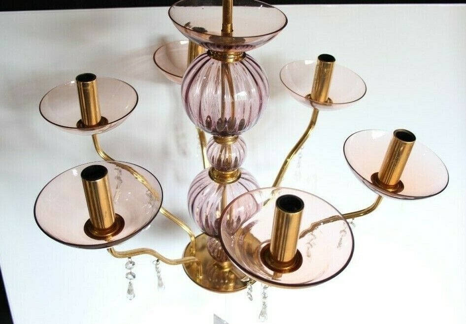 LAMPADARIO A SEI LUCI IN VETRO ROSA E AMETISTA ITALIAN VINTAGE GLASS CHANDELIER Lampade Appliques
