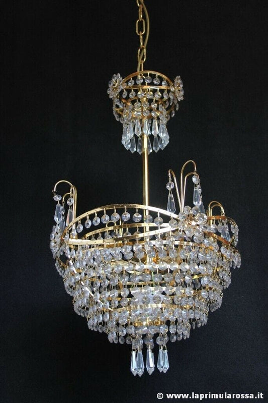 LAMPADARIO STILE IMPERO CON GOCCE DI CRISTALLO STRUTTURA PLACCATA ORO Lampade Appliques