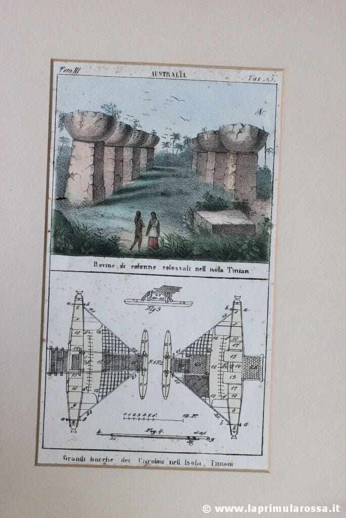 LITOGRAFIA ANTICA AUSTRALIA ROVINE DI COLONNE COLOSSALI NELL'ISOLA TINIAM BARCA Stampe e Incisioni
