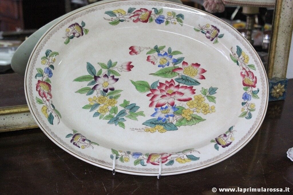 PIATTO ANTICO DA PORTATA IN CERAMICA L.CM 47 - VASSOIO EPOCA 800 CON FIORI Ceramiche e Porcellane
