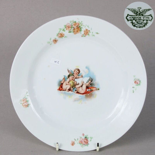 Piatto antico in ceramica laveno Verbanum decorativo con putti angeli cherubini Ceramiche e Porcellane