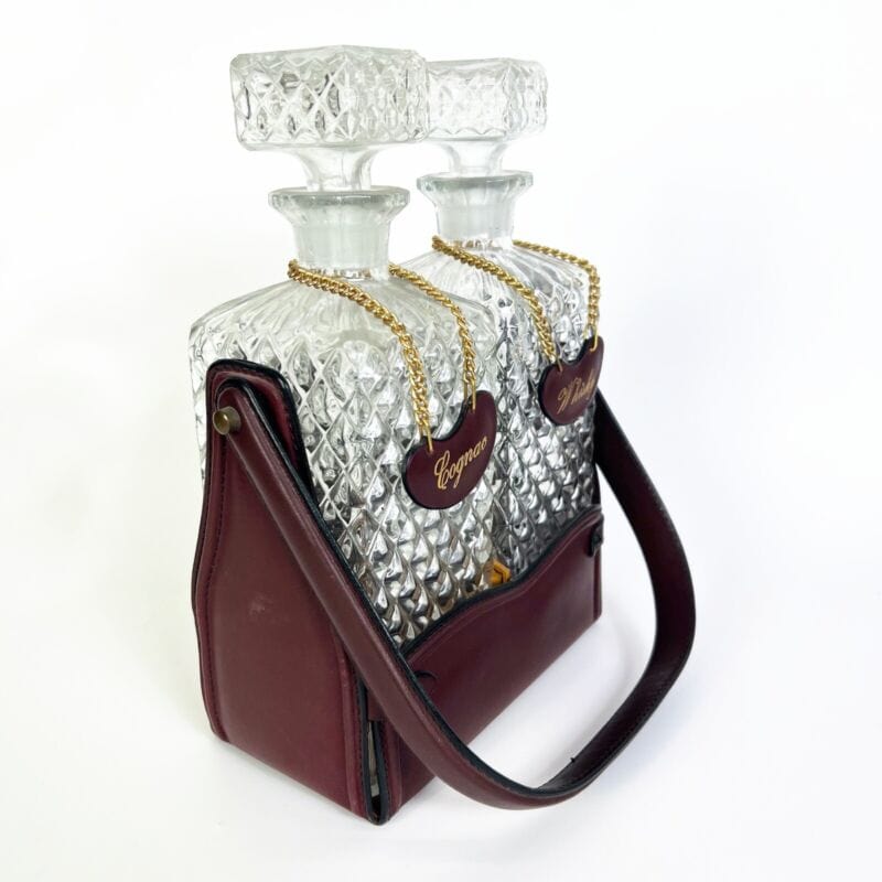 Porta bottiglie Liquore Vintage Whisky e Cognac Decanter Tantalus in Pelle Vetro Sheffield & Argento