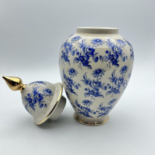 Potiche d'epoca in porcellana Bavaria vaso vintage decoro con rose e fiori blu Ceramiche e Porcellane