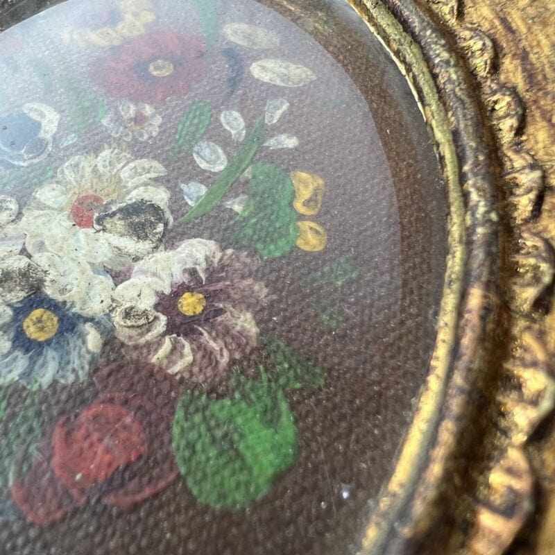 Quadretto antico miniatura olio ovale dipinto fiori cornice in legno dorato di Quadri