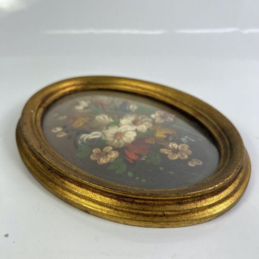 Quadretto antico miniatura olio ovale dipinto fiori cornice in legno dorato Quadri