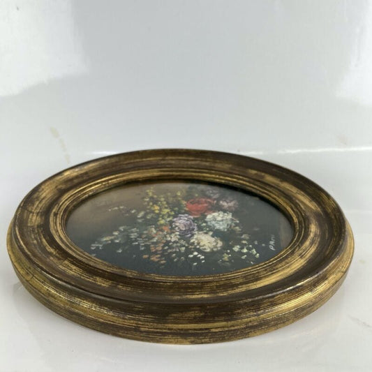 Quadretto antico miniatura olio ovale dipinto fiori cornice in legno oro Firmato Quadri