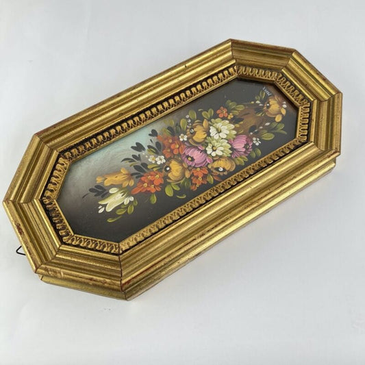 Quadretto antico rettangolare dipinto a olio fiori cornice in legno oro Firmato Quadri