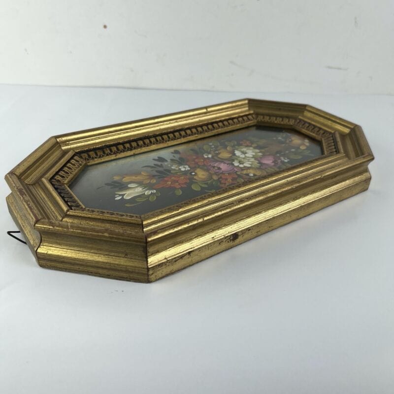 Quadretto antico rettangolare dipinto a olio fiori cornice in legno oro Firmato Quadri