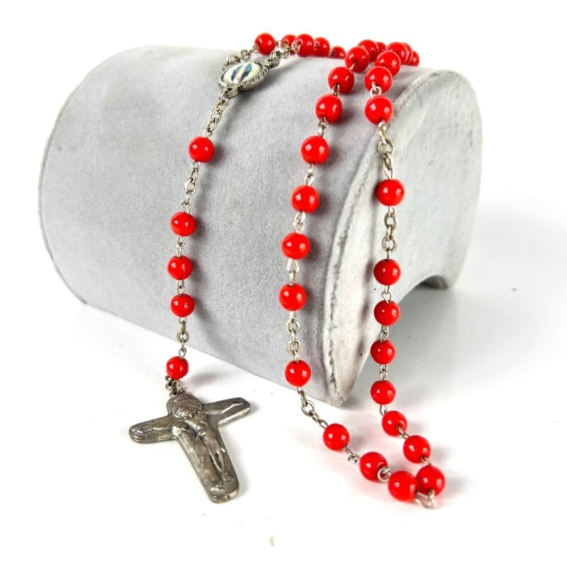 Rosario vintage con Madonna Maria e grani Rossi crocifisso collana da donna Oggetti sacri - rosari