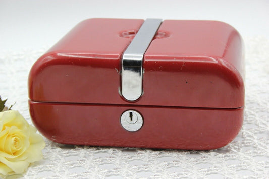 SALVADANAIO VINTAGE IN METALLO ROSSO CASSETTA DI SICUREZZA PORTA VALORI ANNI 70 Vintage