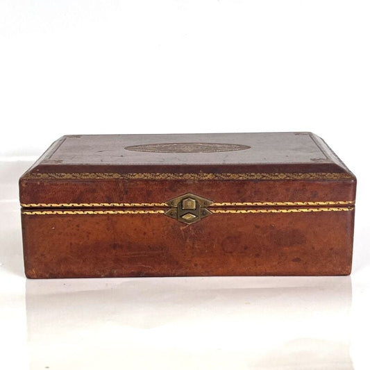 SCATOLA ANTICA IN LEGNO E PELLE DA SCRIVANIA COFANETTO PORTA OGGETTI VINTAGE Complementi d'arredo