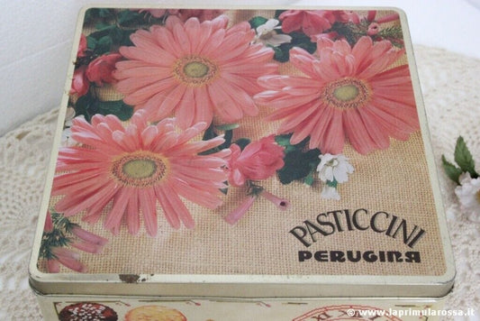 SCATOLA DI LATTA  ANNI 80 PASTICCINI PERUGINA ORE LIETE VINTAGE ITALIAN TIN BOX Pubblicità vintage