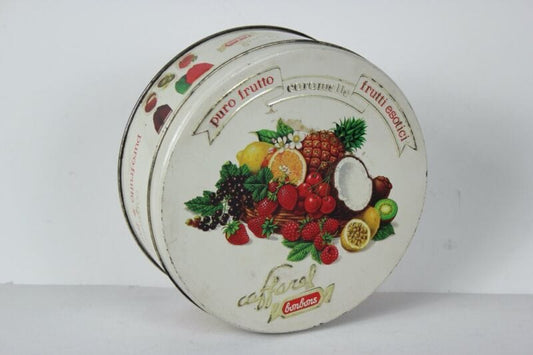 Scatola in latta vintage da collezione di caramelle rotonda vecchia CAFFAREL Pubblicità vintage