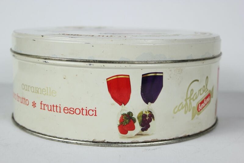 Scatola in latta vintage da collezione di caramelle rotonda vecchia CAFFAREL Pubblicità vintage