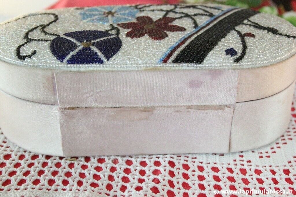 SCATOLA PORTAGIOIE VINTAGE RICOPERTA IN TESSUTO ROSA E PERLINE Vintage