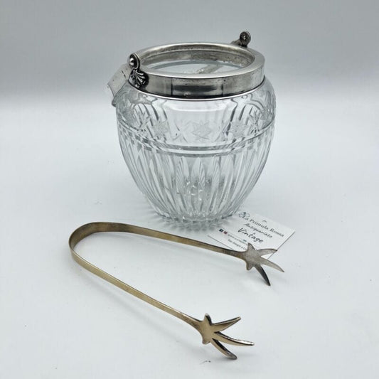 Secchiello portaghiaccio vintage in argento 800 e vetro molato cestello pinza Sheffield & Argento